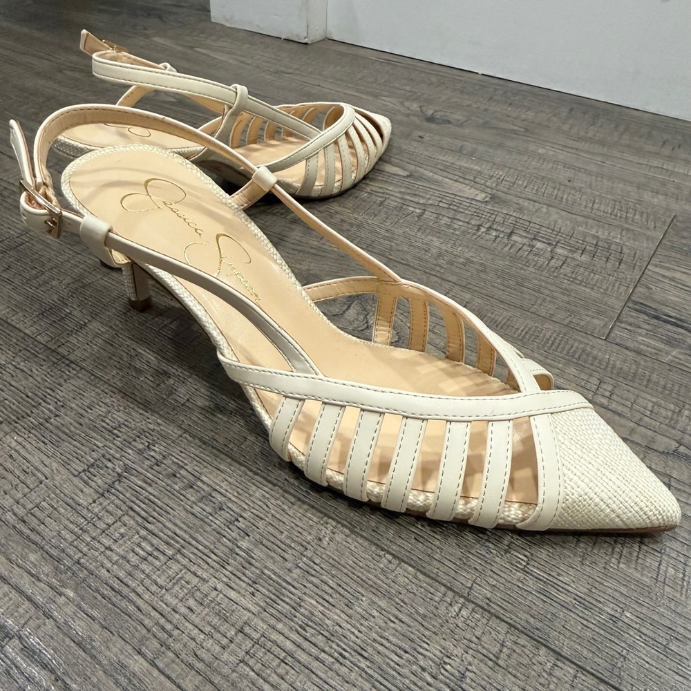 Jessica Simpson Kalute Cream Strappy Slingback Kitten Heel Pumps Womens 7.5 M